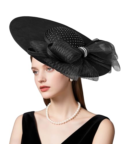 dressfan Wide Brim Fascinator Hats for Women,20s Linen Rhinestones Bow Big Hat for Derby Church Wedding Tea Party - color: Black