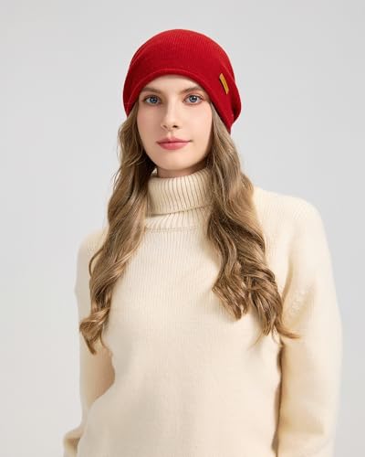 100% Merino Wool Slouchy Beanie Hat, Women Warm Winter Caps Soft, Ladies Breathable & Cozy Stretchy Knitted Skull Cap - color: Chili Red