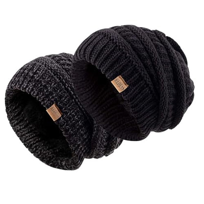 REDESS Slouchy Beanie Hat for Men and Women Winter Warm Knit Hat Chunky Soft Oversized Cable Cap - color: Black+black Grey