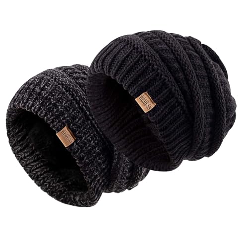 REDESS Slouchy Beanie Hat for Men and Women Winter Warm Knit Hat Chunky Soft Oversized Cable Cap - color: Black+black Grey