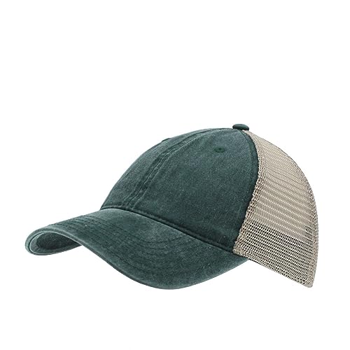 Vintage Washed Cotton Soft Mesh Adjustable Baseball Cap - color: Dk Green/Dk Green/Khaki