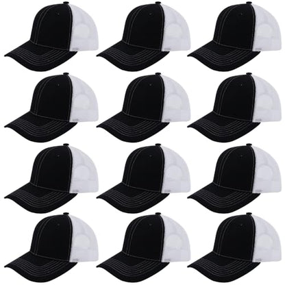 ZH 12 Pack Mesh Trucker Hats, Bulk Baseball Caps for Men and Women, Trucker Cap Wholesale - color: Black-white