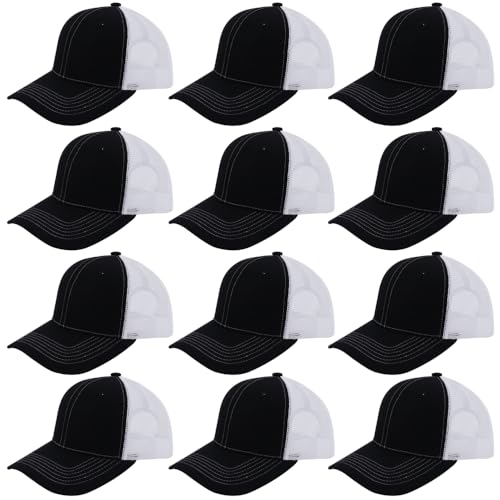 ZH 12 Pack Mesh Trucker Hats, Bulk Baseball Caps for Men and Women, Trucker Cap Wholesale - color: Black-white