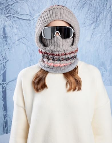 HUAMULAN Women Winter Knit Beanie Hats One Piece Fleece Lined Balaclavas - color: Gray + Colorful Stripe