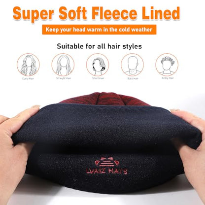 Lvaiz Winter Fleece Lined Beanie Hat for Men Women Reversible Skull Cap - color: Red+deep Blue