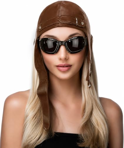 Aviator Hat and Goggles | Aviator Pilot Costume Accessories | Retro Pilots Hat - style: Brown Aviator Hat & Goggles