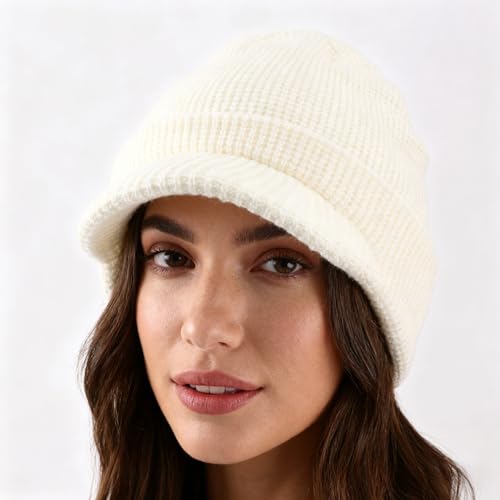 Home Prefer Mens Wool Blend Winter Hat Double-Layer Warm Knit Pre-Curve Visor Beanie Brimmed Beanies Hat for Men Women - color: Beige