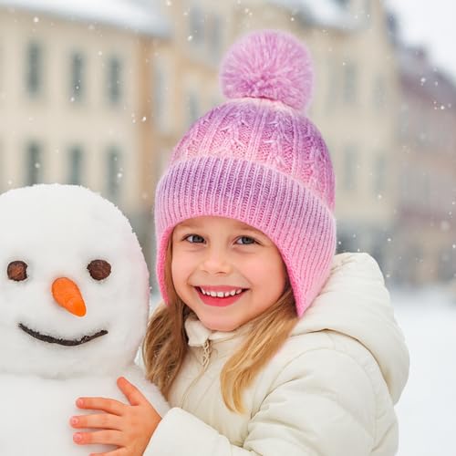 Toddler Earflap Beanie Hat with Rainbow Pom for Little Girls Knitted Beanies Kids Winter Skiing Caps Age 3-8 - color: Multicolor 02