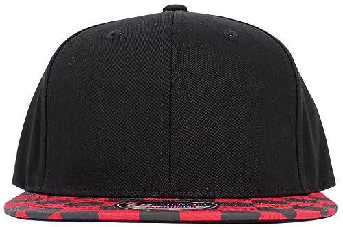 KBETHOS Classic Snapback Hat Blank Cap Underbrim Cotton Wool Blend Flat Visor Adjustable Unisex - color: Black Red Checkered Brim Snapback