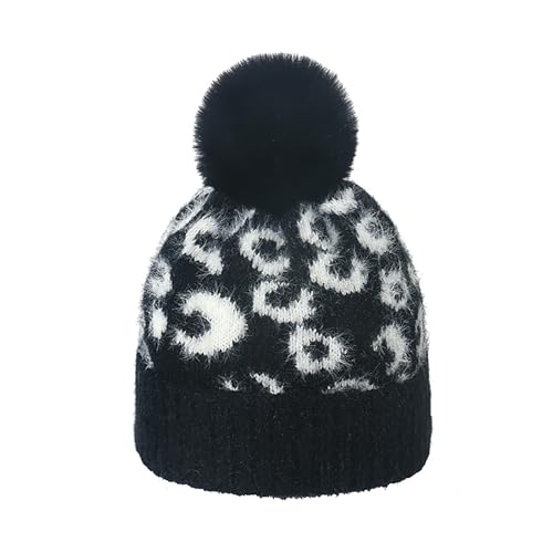 Unisex Adult Fuzzy Leopard Print Hat Cuffed Knitted Winter Warm Beanie with Faux Fur Pompom - color: Black