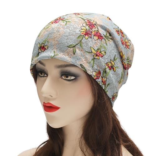 ZLYC Women Lightweight Fleece Slouchy Beanie Warm Winter Hat Chemo Headwear - color: Flower Light Blue