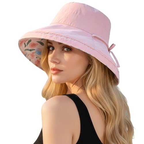 HUAMULAN Women Wide Brim Reversible Sun Hat Summer Beach Fishing Bucket - color: Pink Floral