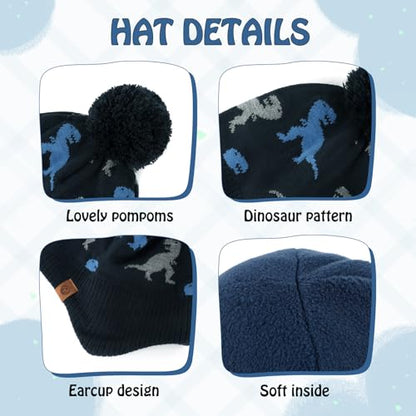 Duoyeree Kids Beanie Dinosaur Pom Pom Knit Winter Hat Fleece Lined for 1-7T - color: Dinosaur Hat and Scarf Set, Navy, size: 4-7 Years