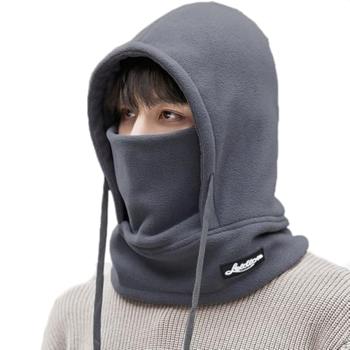 Winter Fleece Ski Mask for Men Women Balaclava Face Mask Windproof Thermal Hood Winter Full Face Neck Cover Warmer - color: Dark Grey White Logo