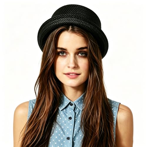 Unisex Adults Men Women Straw Pork Pie Hats Summer Sunhats Outdoor Fedora Party Trilby Caps US Size 7 1/8-7 1/4 UK Size M-L - color: Black