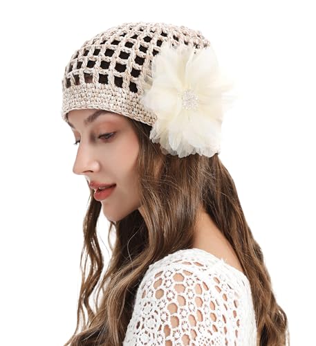 ZLYC Women Crochet Beanie Hat Summer Handmade Knit Decorated Skull Cap - color: Floral Beige
