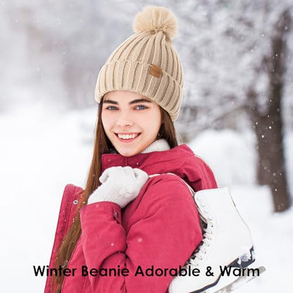 Womens Winter Beanie Hat Fleece Lined Warm Skull Cap with Faux Fur Pom Cuff Knitted Hat for Women - color: White
