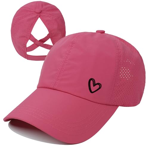 Womens Criss Cross Ponytail Hat Quick Drying Baseball Cap Sun Hats UV Protection Sport Cap - color: Hot Pink With Heart