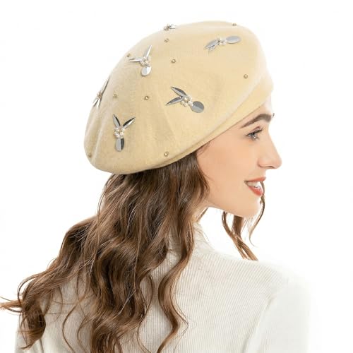 ZLYC Women French Beret Hat Reversible Knit Thickened Warm Artist Cap - color: Paillettes Bunny Beige