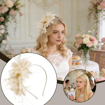 Fascinators for Women Ribbon Feather Tea Party Headwear - color: Th Off White