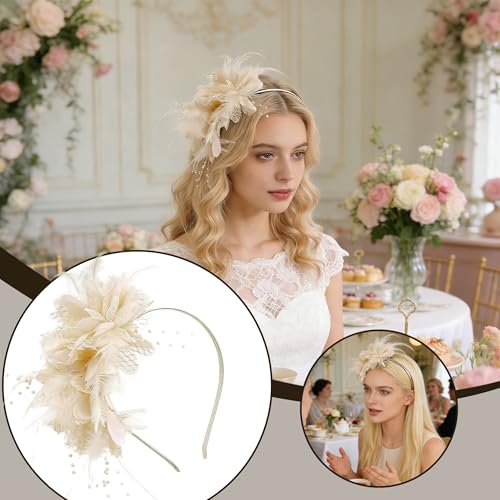 Fascinators for Women Ribbon Feather Tea Party Headwear - color: Th Off White