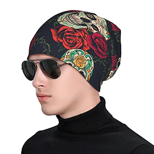 Gamepad Print Slouchy Beanie Skull Caps Chemo Hats Baggy Headwear for Men Women Jogging Cycling - color: Skull Flower