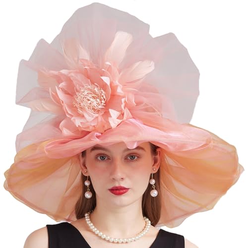 Kentucky Organza Derby Top Hats for Women Sun Visor Cap Ladies Flowers Bride Weeding Fascinators Wide Brim Fedoras - color: Pink-orange 1