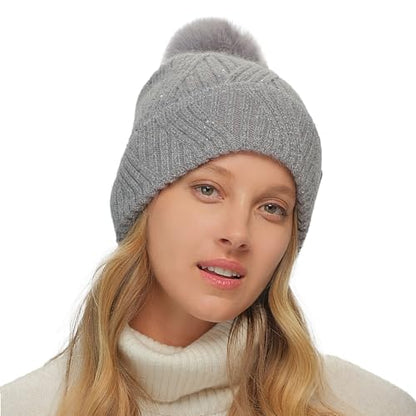 C.C Sequin Pom Beanie for Women - Acrylic Stretchable Soft Warm Knit Winter Skully Hat with Yarn Pom - color: Angora-grey