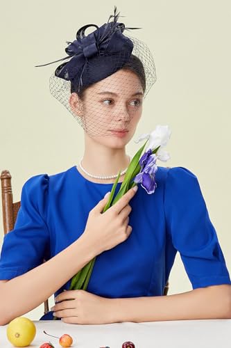 BABEYOND Fascinators Hats for Women Pillbox Veil Tea Party Derby Headband - color: Dark Blue