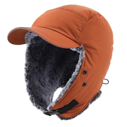 Home Prefer Waterproof Mens Faux Fur Trooper Trapper Hat Hunting Warm Winter Hat with Ear Flaps Visor Face Mask - color: Caramel Brown