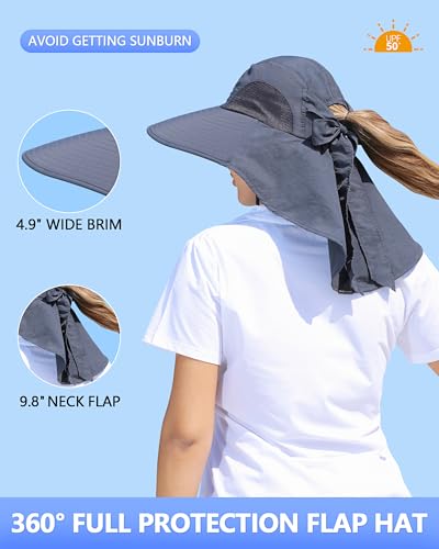 Womens Sun Hat Outdoor UV Protection Wide Brim Fishing Hat with Ponytail Hole Neck Flap for Beach Hiking Camping - color: Sun Hat-dark Grey
