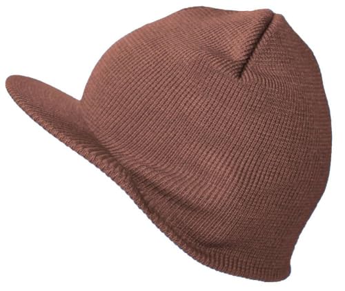 1 Pack (Brown) Knit Beanie Hat with Visor Brim, Cuffless Acrylic Cap