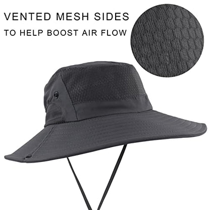 Muryobao Women Ponytail Sun Hat Summer UV Protection Cap Outdoor Foldable Mesh Wide Brim Bucket Hats for Beach Fishing Garden - color: Dark Grey
