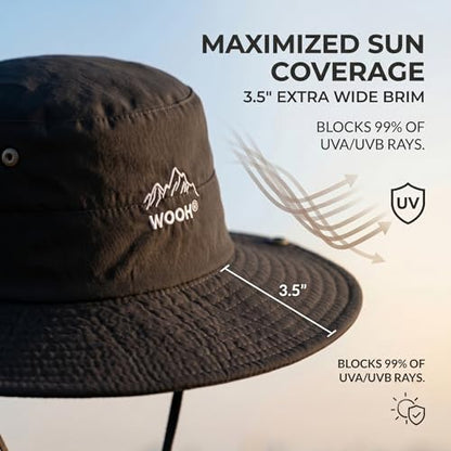 WOOH Sun Hats for Women,UPF80+ Wide Brim Foldable Bucket Hat with Adjustable Chin Strap,Summer Hat for Beach Hiking Gardening - color: Black
