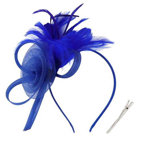 AMCAMI Fascinators Hats with Feather for Women 2026 Derby Hats Small Tea Party Hat with Headband - color: Blue
