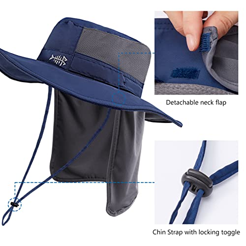 BASSDASH UPF 50+ Sun Fishing Hat Water Resistant with Detachable Neck Flap - color: Dark Blue - Big Head Size