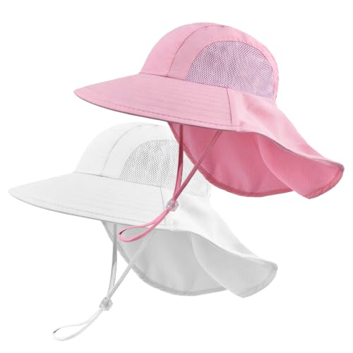 ZOORON 2-Pack Kids Sun Hat with Neck Flap, Bucket Hat for Girls Boys - color: Light Pink+white