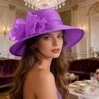 DRESHOW Lady Derby Dress Church Bowler Cloche Hat Bowknot Organza Bridal Cap for Wedding - color: 1 Pack Bowler Hat: Dark Purple