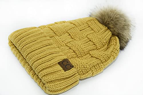 C.C Knit Beanie Hat – Fuzzy Fleece Lined Warm Winter Hat, Faux Fur Pom Soft Stretchy Slouchy Knit Cap, Cold Weather Beanie - color: Honey Mustard