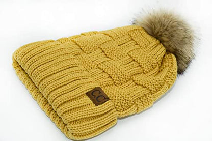 C.C Knit Beanie Hat – Fuzzy Fleece Lined Warm Winter Hat, Faux Fur Pom Soft Stretchy Slouchy Knit Cap, Cold Weather Beanie - color: Honey Mustard