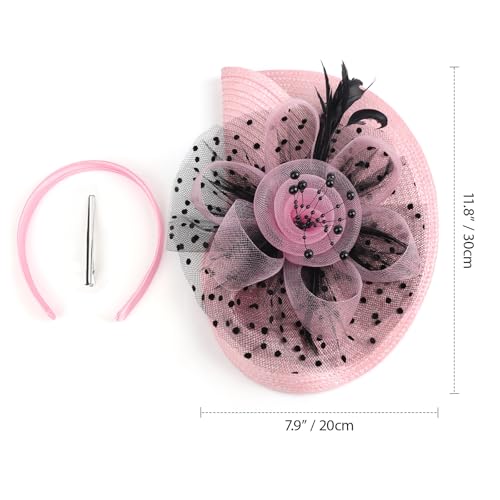 DRESHOW Fascinators Hat Flower Mesh Feathers Hat with a Headband and a Clip 7.9" Tea Party Headwear for Women - color: Folded Style 2: Pink & Black / 7.9"