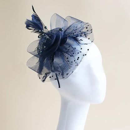 WLBON Fascinators Hat 20s 50s Headband Hair Clips Flower Mesh Veil Feather Headpiece Headwear Women Halloween Carnival Cocktail Wedding Church Cosplay Dress Up Birthday Tea Party Accessories Blue - color: Dark Blue