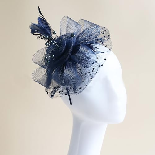 WLBON Fascinators Hat 20s 50s Headband Hair Clips Flower Mesh Veil Feather Headpiece Headwear Women Halloween Carnival Cocktail Wedding Church Cosplay Dress Up Birthday Tea Party Accessories Blue - color: Dark Blue