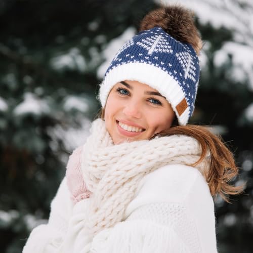 Womens Winter Knit Beanie Fleece Lined Hat with Pom Thick Warm Cable Hat for Women Men Teens - color: Blue Set