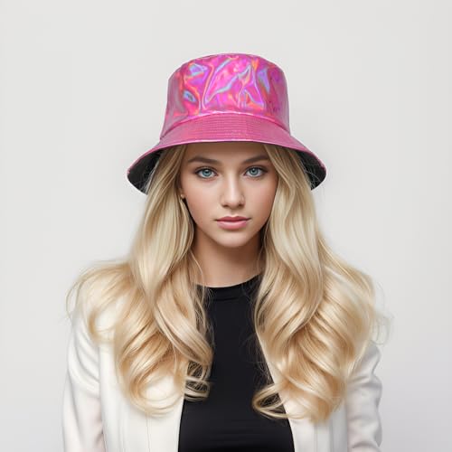 MILAKOO Rave Hologram Metallic Bucket Hat Reversible Cap Reflective Waterproof Rain Fisherman Hat - color: C: Rose Red