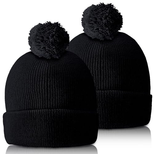 Geyoga 2 Pcs Pom Beanie Hat Men Women Winter Hat Pom Knit Cap Beanies with Ball at Top Acrylic Winter Cap with Cuff - color: Black 01, style: Classical
