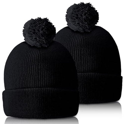 Geyoga 2 Pcs Pom Beanie Hat Men Women Winter Hat Pom Knit Cap Beanies with Ball at Top Acrylic Winter Cap with Cuff - color: Black 01, style: Classical