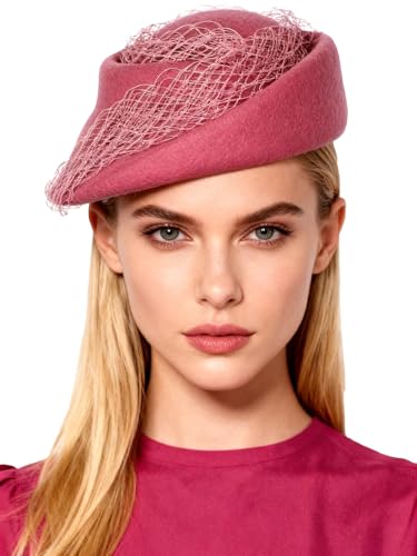 Small Top Hats for Women Elegant Winter Vintage Beret Wool Felt Fedoras Ladies Luxury Wedding and Church Cap Female - color: Rose Red 1