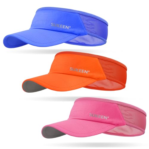 Sukeen 3 Pack Sports Sun Visor Men Women Lightweight Packable Cooling Stretchy Visor Hat for Running, Tennis, Golf - color: Blue/Orange/Rose Red