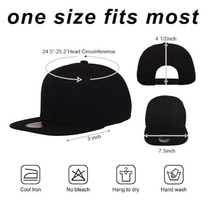 ZH Plain Flat Brim Snapback Baseball Caps Adjustable Blank Baseball Caps Wholesale 12 Pack - color: Black